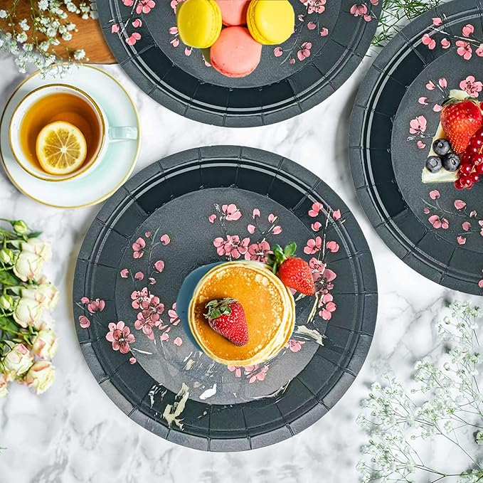 50Pcs Chinese New Year Party Supplies Chinese Japanese Cherry Paper Plates 7"Cherry Blossom Dessert Plates Flowers Plates for Birthday Wedding Chinese New Year Spring Festival Decorations (Black)