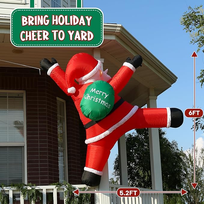 JOYHALO 6FT Christmas Inflatables Hanging Santa Claus Decorations Outside, Santa Hanging from Roof with Gift Bag, Build-in LED Lights, Blow Up Yard Decorations for Indoor, Lawn, Party Decor