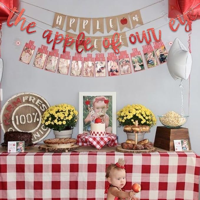 Red Glitter The Apple of Our Eye Banner - Fruit Theme Baby Shower Decorations, 1st Birthday Party Supplies, Apple of Our Eye Sign Photo Props for Gender Reveal, Baby Announcement Party
