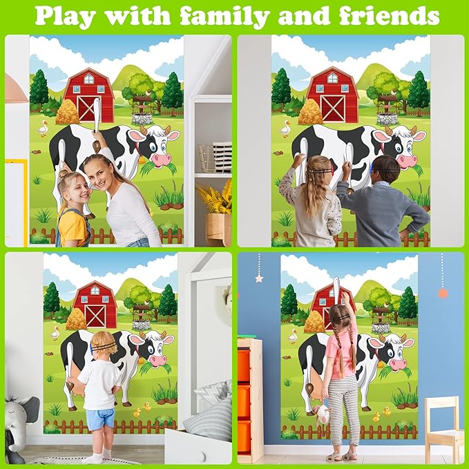 PLULON Pin The Tail on The Cow Party Game for Kids, Cow Farm Themed Animal Birthday Games Poster with Tail Stickers for Kids Farm Animal Donkey Party Favors Home Wall Decorations