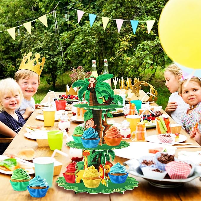 Safari Birthday Decorations 3 Tier Jungle Baby Shower Cupcake Stand Wild One Birthday Table Decor for Boys Lion Party Safari Zoo Party Favor Supplies