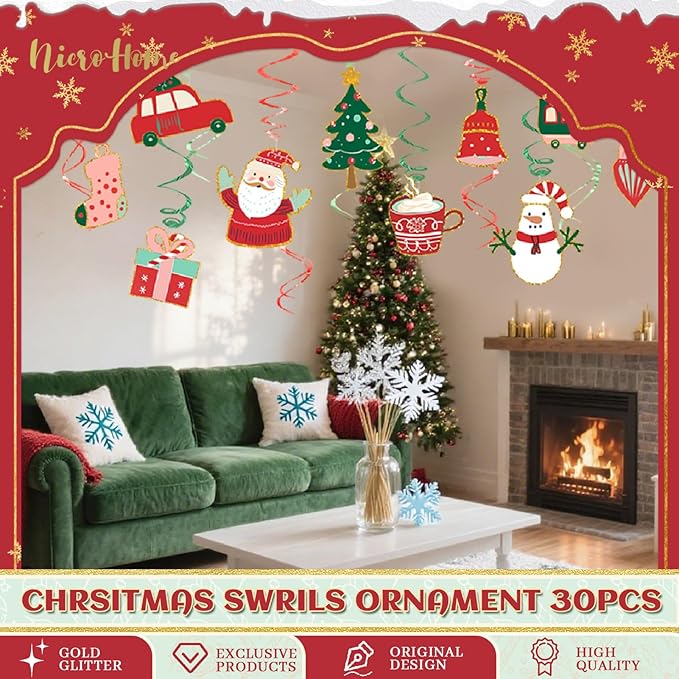 Christmas Decorations, 30 PCS Hanging Swirls Ceiling Decorations with Santa Claus, Snowman, Christmas Tree and Stocking Elements for Xmas Holiday Party Supplies