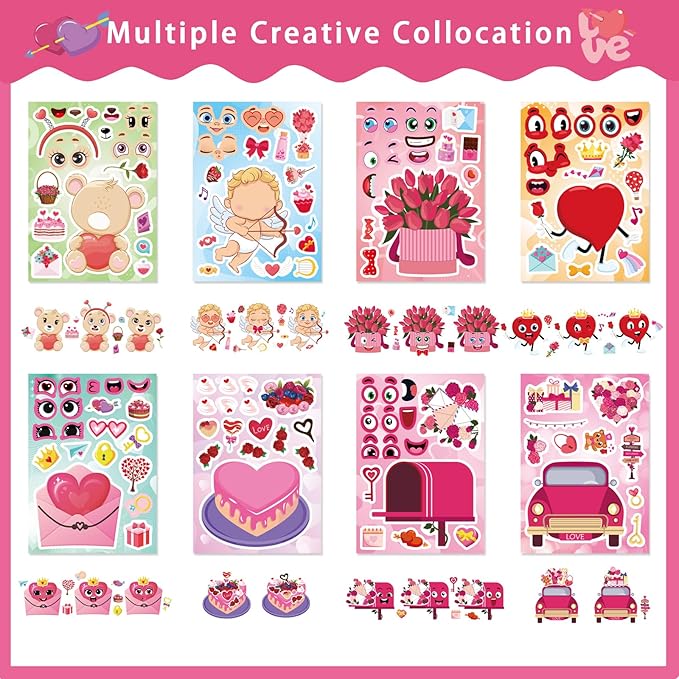 32 Sheets Valentine Stickers for Kids Toddlers, Make a Face Sticker Love Cake Bear Cupid Stickers for Kids Make Your Own Sticker Valentines Day Activities Party Favors
