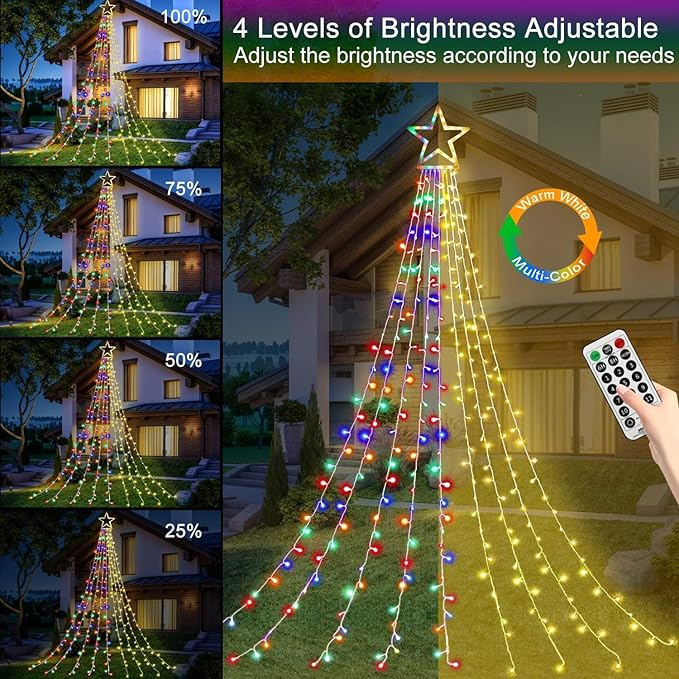 Christmas Decorations Star String Lights, 320 LEDs Outdoor Waterfall Tree Lights with 13" Topper Star, Plug in Waterproof Hanging Fairy Lights for Xmas New Year Holiday Party Yard Decor