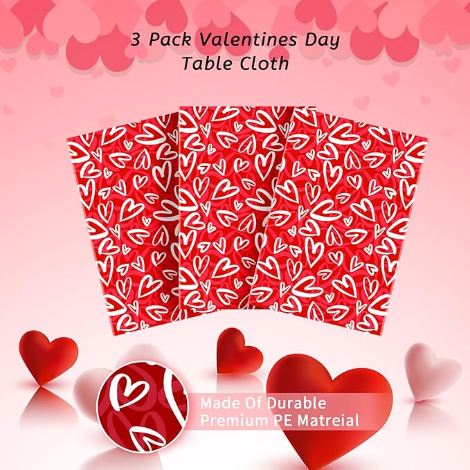 3 Pcs Valentines Tablecloth-Heart Love Valentine's Table Cover, Disposable Plastic Rectangle Heart Table Cloth for Valentine's Day, Wedding, Engagement Anniversary, Birthday Party, 54x108 inch