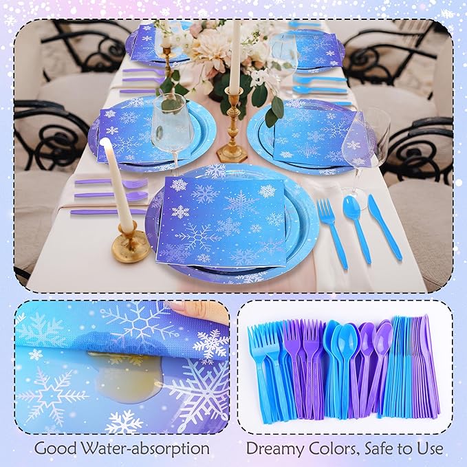 Kochorie 175 Pieces Frozen Iridescent Winter Snowflake birthday Party Supplies Frozen Disposable Party Tableware Set Paper Plates Napkins Cups for Christmas Winter Wonderland Decorations, Serve 25