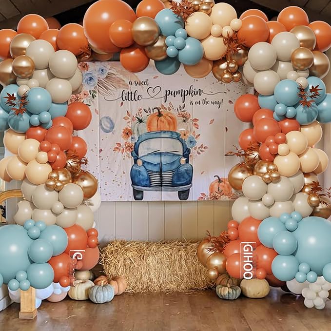 Fall Thanksgiving Balloon Arch Kit 137PCS Dusty Blue and Burnt Orange Balloon Garland for Fall Birthday A Little Pumpkin is On The Way Baby Shower Decorations