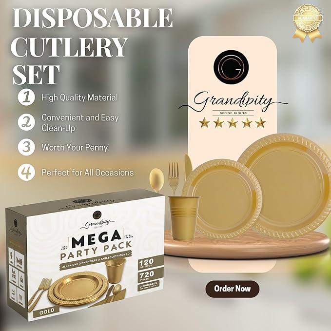 720 Piece Gold Disposable Dinnerware Set (120 Guests) Plastic Dinnerware Set Disposable - 120 Count, 9" Dinner Plates, 7" Dessert Plates, 12oz Cups, Forks, Knives & Spoons- Plastic Party Plates Set