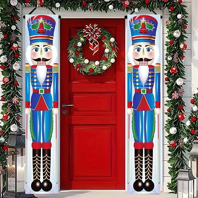 Christmas Nutcracker Door Banner 12x71 Inch Soldier Couplets Decoration for Front Porch Holiday Entryway Outdoor Xmas Wall Decor with Red Blue Toy Guard Design