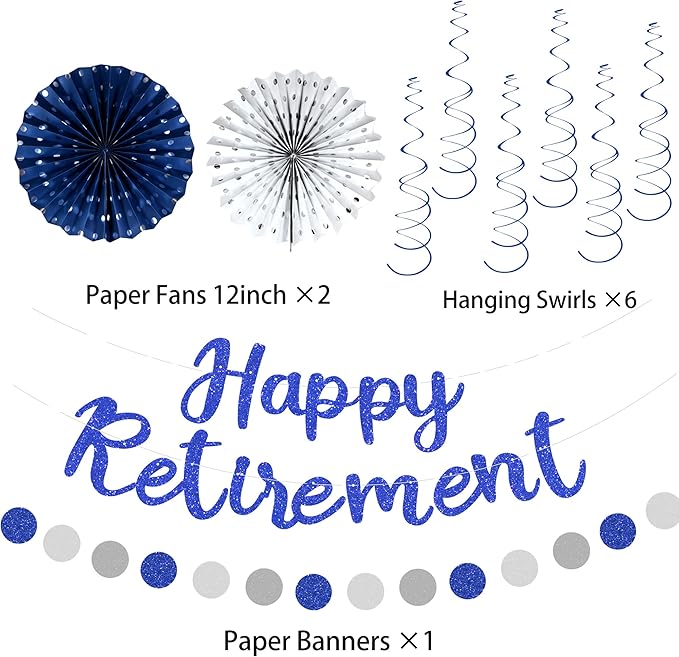 Holkcog Blue Retirement Party Decorations for Men Women, Silver Blue 19pc Happy Retired Banner,Paper Lanterns Streamers,Tissue Pom Poms Honeycomb Flower Fan, Coworker Hanging Retired Decor Supply