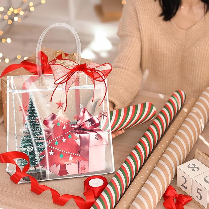 Henoyso 12 Pcs Christmas Clear Gift Bags Plastic Candy Treat Goodie Bags Red Foil Santa PVC Wrap Totes with Handles and Ribbon Xmas Party Favors (Snowman and Christmas Tree,7.8 x 7.8 x 3.1 Inch)