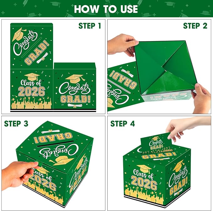 Graduation Card Box 2026 - Congrats Grad Card Boxes Holder, Green and Gold Class of 2026 Graduation Gift Cards Box for Graduation Party Decorations 2026 Favors Decor Supplies Props,9x 9 x 9 inches