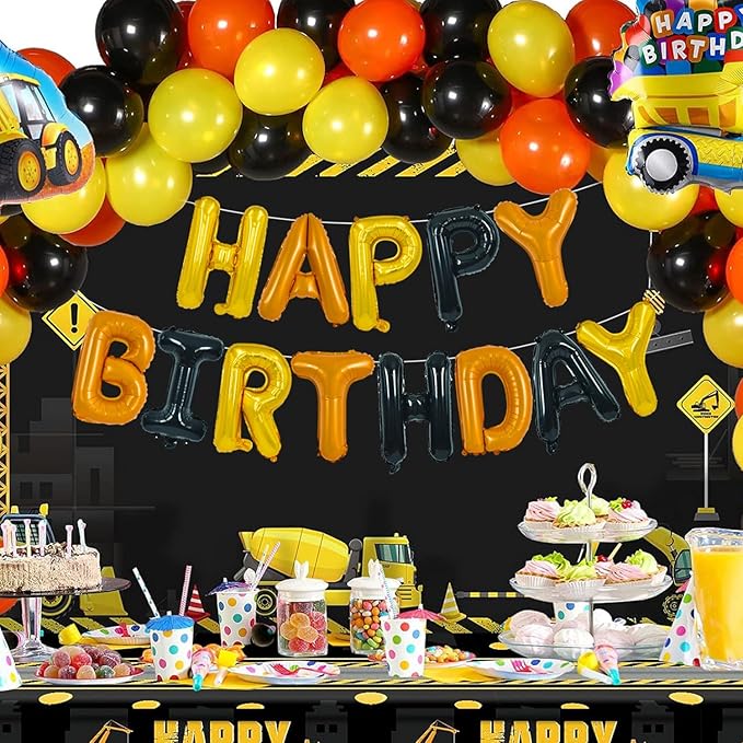 TONIFUL Happy Birthday Balloons Banner with Ribbon Straw,16 Inch Mylar Letters Birthday Sign Banner Balloon Bunting Reusable for Construction Birthday Party Supplies（Gold Orange Black）