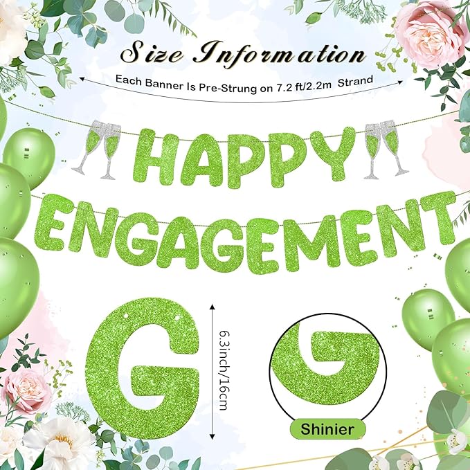 Breling Pre Strung Happy Engagement Banner Glitter Engagement Party Decorations for Congratulations Engaged Wedding Shower Signs Decor(Light Green)