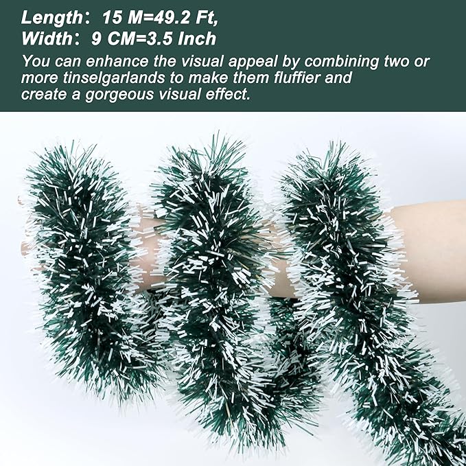 50 Feet Green Christmas Tinsel Garland Metallic Twist Shiny Hanging Garland for Christmas Tree Decorations Xmas Holiday Decor for Home Indoor Outdoor Party Supplies (Green)