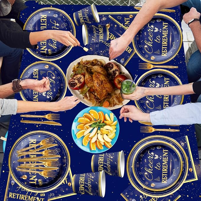 142Pcs Retirement Tableware Party Decorations Happy Retirement Party Supplies Blue Gold Plastic Disposable Banner,Cup,Tablecloth,Plates and Napkins Se