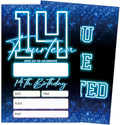 SIXEIGHT Blue 14th Birthday Invitations for Boys, Neon Glow Party Invitations for Girls Kids, 20 Pack Double Sided Invite Cards with Envelopes, 14th Glow Neon Birthday Party Decorations, 4x6 Inch-C47