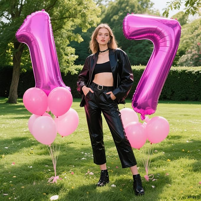 40 Inch Large 17 Balloon Numbers Rose Purple Big Foil Number Balloons Giant Helium Happy Birthday Party Decorations for Man and Women, Huge Mylar Anniversary Party Supplies