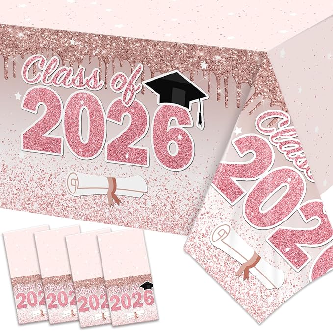 ssailue decor Pink Graduation Decorations Class of 2026 Tablecloth,4 Pieces 2026 Graduation Party Tablecloth, Class of 2026 Decorations Plastic Disposable Table Cover Party Supplies