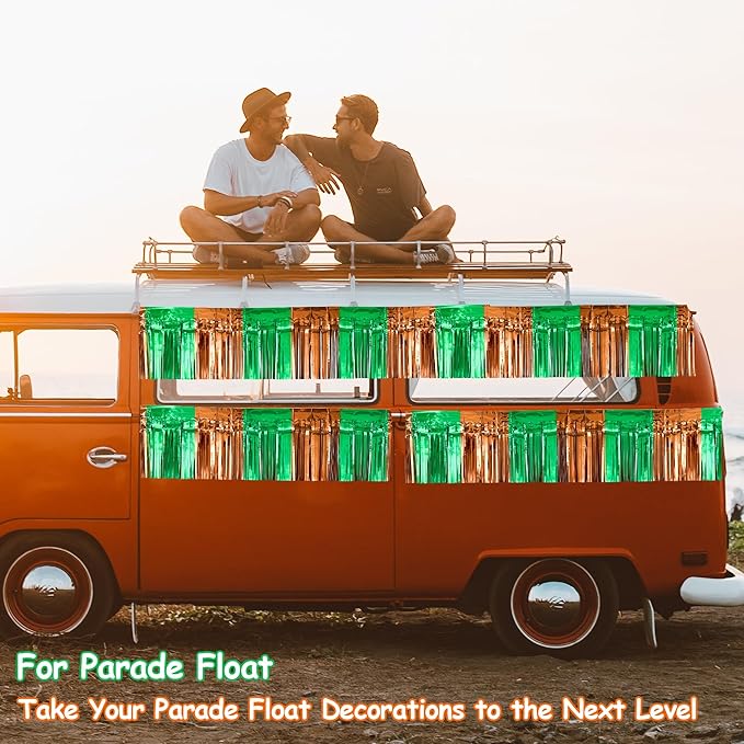 4 Packs Total 39 Ft Super Ball Parade Floats for Trailer Car, Green Brown Foil Fringe Garland Tinsel Streamers Hanging Backdrop Banner Table Skirts for Graduation Homecoming Birthday Football Party