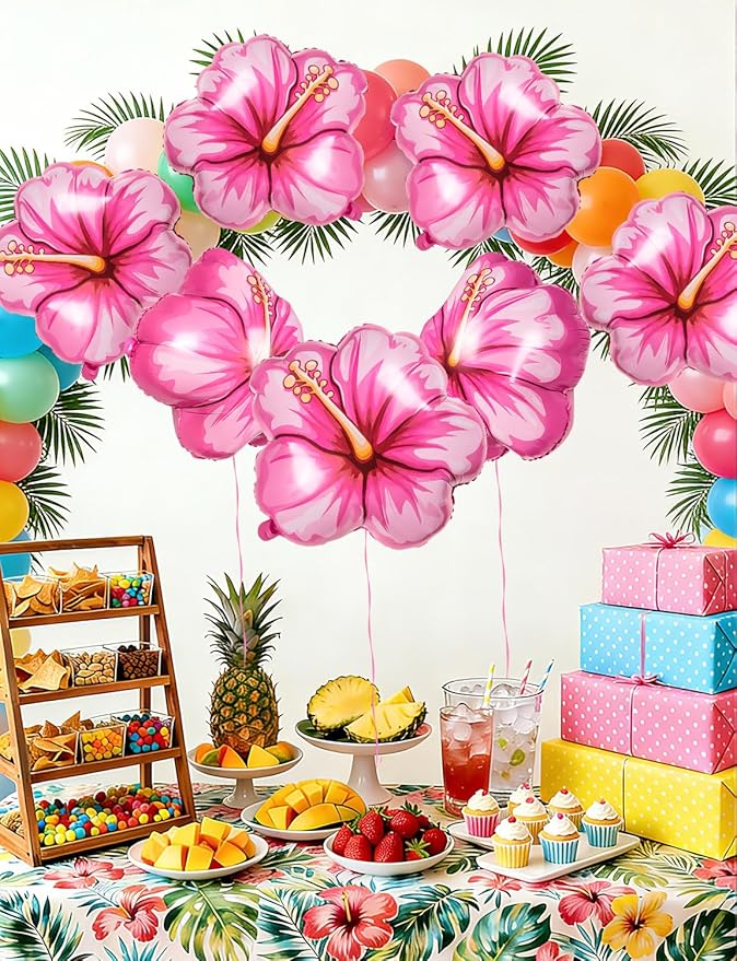 5Pcs Tropical Hibiscus Foil Balloons, Pink Hibiscus Flowers Balloon for Magic Theme Summer Hawaiian Luau Aloha Birthday Party Decorations