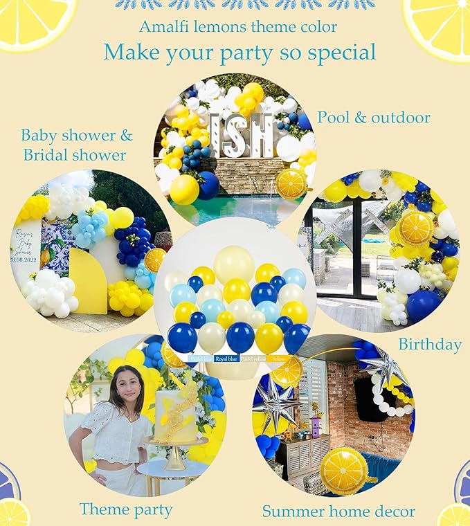 Royal Blue Yellow bridal shower lemon theme balloon arch kit with Bride to be backdrop for Lemonade italian capri amalfi coast main squeeze bridal party decorations