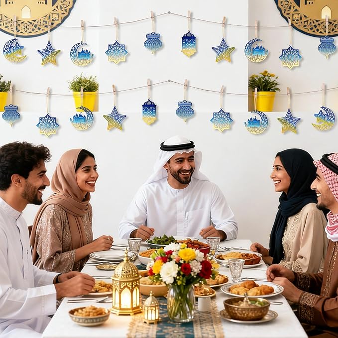36PCS Wooden Ramadan Decorations Eid Islam Mubarak Ornaments Mubarak Hanging Hollow Pendant to Paint, DIY Blank Unfinished Wood Moon Cutouts Crafts Hanging Al Adha Star Lantern for Muslim Festive