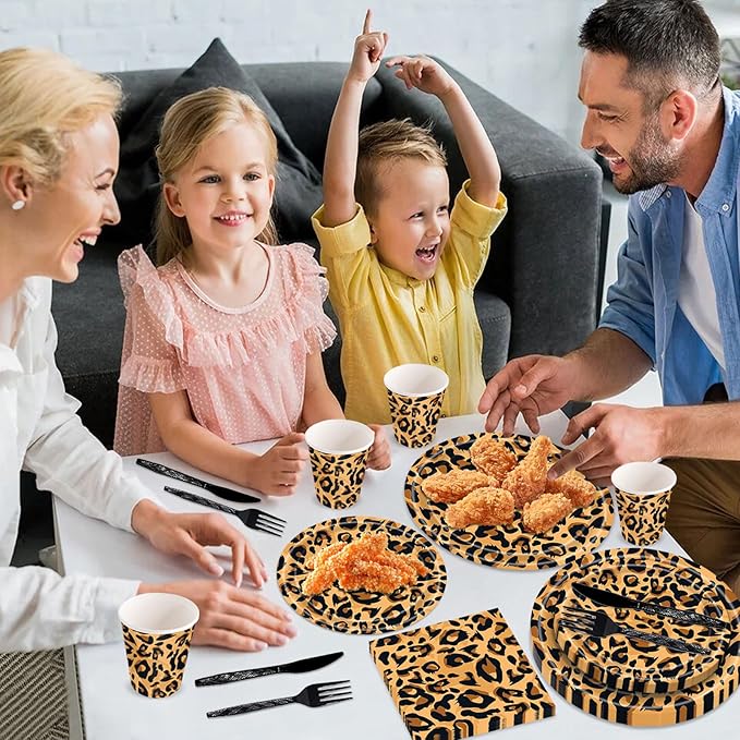 144PCS Leopard Print Party Supplies Cheetah Print Party Tableware Set Paper Plates Napkins Cups Cutlery for Birthday Shower Baby Shower Jungle Safari Theme Party Decorations Serve 24