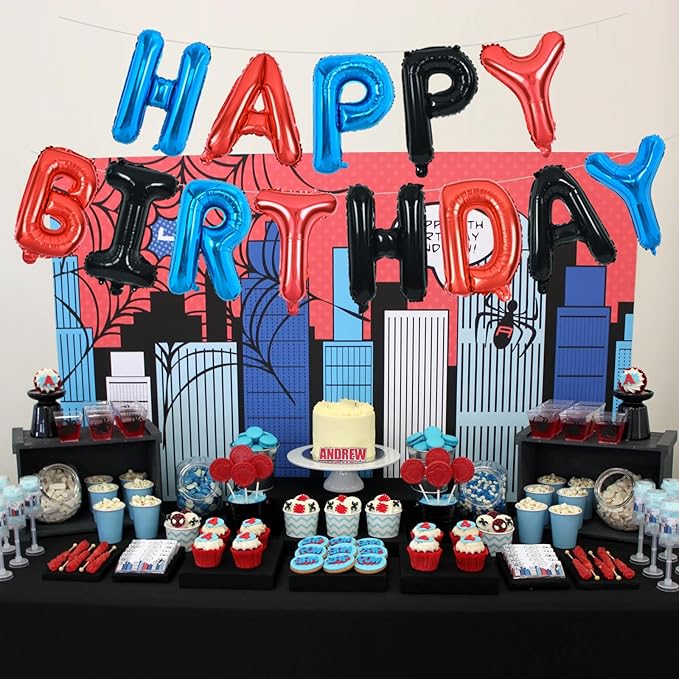 TONIFUL Happy Birthday Balloons with Ribbon Straw, 16 Inch Mylar Letters Birthday Sign Banner Bunting Reusable for Girls Boys Kids & Adults Party Decorations Supplies（Blue Red Black）