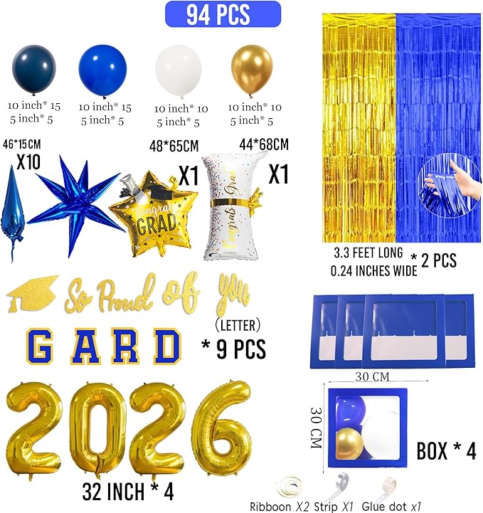 Blue and gold Graduation Decorations 2026 Set of 4 GRAD Balloon Boxes with Balloon Arch Garland Kit mylar balloons and shimmer Fringe Curtains So Proud of You 2026 prom Graduation Decorations