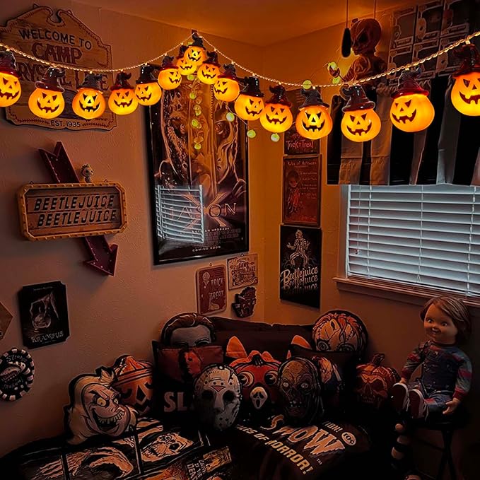 Battery Operated Pumpkin Lights for Halloween Decorations Indoor, Jack-o-Lantern String Lights for Halloween Party Front Door Porch Fireplace Camper Golf Cart Parade Garland Wreath Decor