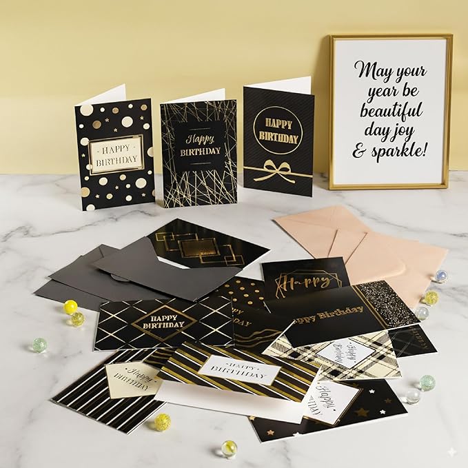 Mr. Pen- Birthday Cards with Envelopes, 20 Pack, 4" x 6", Black with Gold Foil, Blank Inside, Greeting Cards Birthday