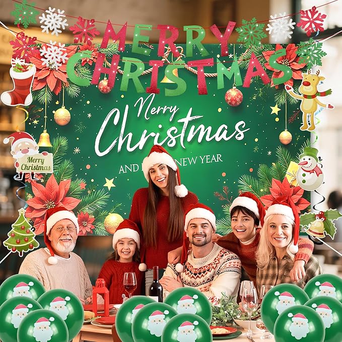 Christmas Party Decoration Set, 44PCS Merry Christmas Birthday Party Supplies with Backdrop Banner,Merry Christmas Banner with Red Green Swirls,Hanging Decor for Holiday Home Indoor Party (Christmas 2)