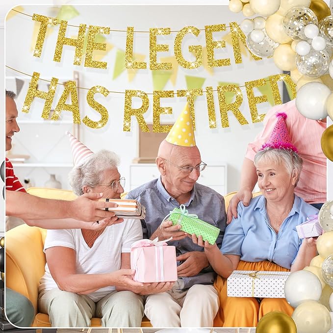 The Legend Has Retired Banner Gold Glitter Pre-Strung No DIY Retirement Banner Decorations for Men Women Retirement Party Supplie(Gold)