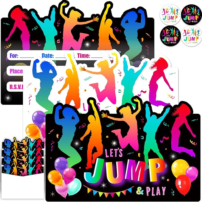 Qyeahkj 36pcs Birthday Invitations for Bounce House or Jumping Party Invitations Trampoline Jump Birthday Party Invite Supplies Favors, 36 Cards with 36 Envelopes and Stickers