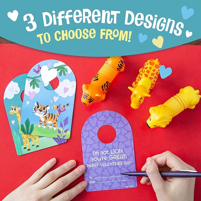 Peaceable Kingdom Valentine's Day Gift for Kids, Fun Party Favors for Classroom, Goodie Bag Stuffers - 6 Animal Tube Poppers