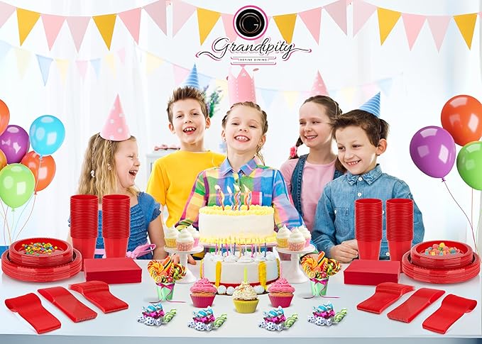 350 Piece RED Disposable Dinnerware Set 50 Guests, Plastic Party Plates And Cups And Napkins Sets - 50 Count 9" Dinner Plates, 7" Dessert Plates, 12oz Cups, Paper Napkins, Forks, Knives & Spoons