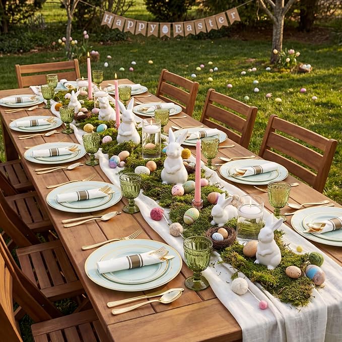 350PCS Green Plates Disposable - Sage Green Plastic Plates 50Guests Plastic Dinnerware with Rolled Napkins for Party/Birthday/Spring/Easter