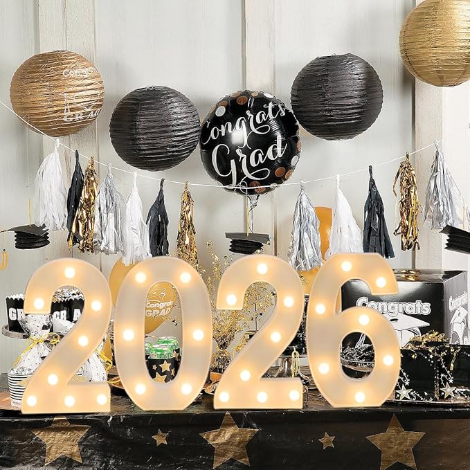 2026 LED Marquee Light Up Numbers, 4 LED Marquee Numbers for New Year Decorations 2026 graduation decorations，Class of 2026 Graduation Decorations Sign for Kindergarten Preschool High School College Wall Table Decor Party Supplies