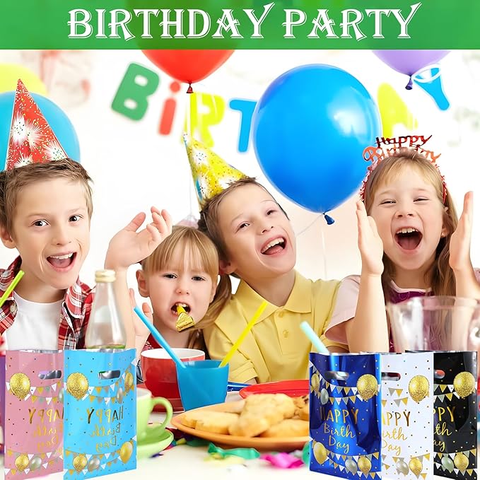 Agaommio 40pcs Party Favor Bags for Kids Birthday Goodies Bags, Christmas Gift Bag Plastic Gift Bags for Kids Girls Boys Candy Birthday Party Favor Gift Wraps (40pcs balloon pattern 4colors)