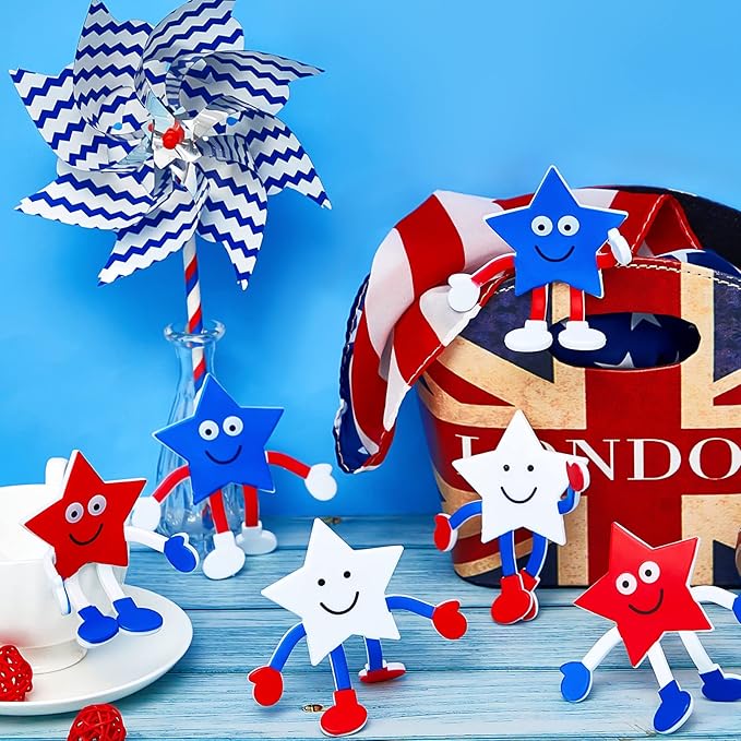 Leitee 24 Pcs Patriotic Bendable Toys Posable 4th of July Parade Independence Day Party Favor Star Character Figures Stress Relief Fidget Toy Gift for Bag Stuffer, 3 Styles