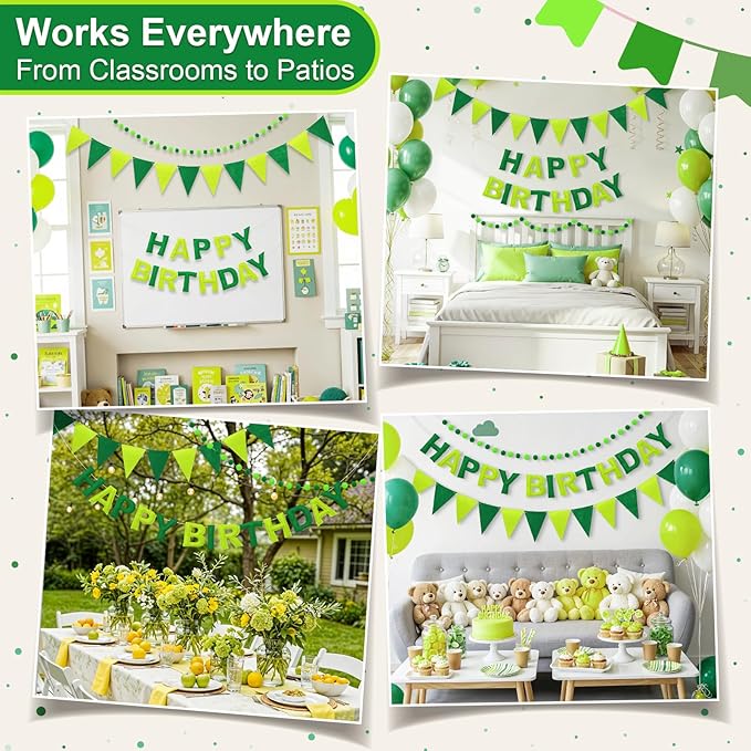 Pre-Strung Happy Birthday Banner & Felt Garland Set - Ombre Green Birthday Decorations for Women Men Boys Girls | Reusable Party Supplies for Indoor & Outdoor