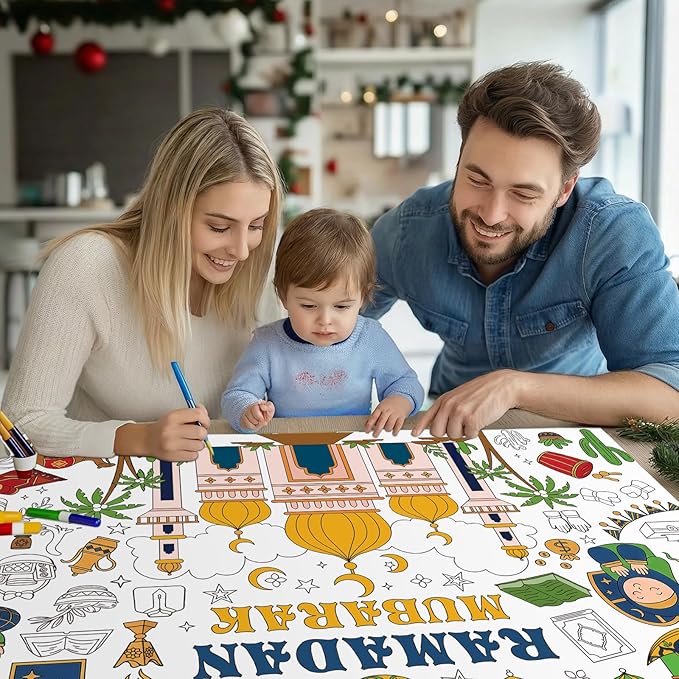 Labeol Ramadan Decorations Giant Coloring Tablecloth Banner for Kids Ramadan Kids Coloring Crafts Activities Party Table Decor