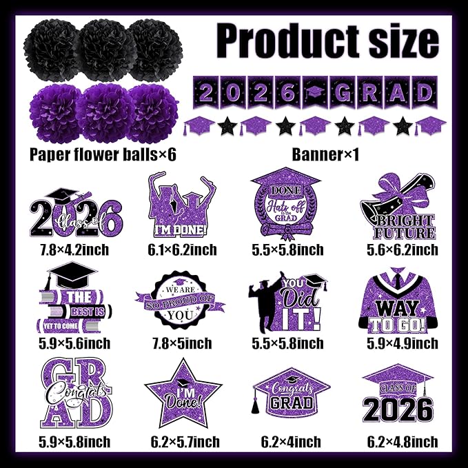 Purple Graduation Decorations, 2026 Grad Banner and Congrats Grad Hanging Swirls, Purple and Black Graduation Banner Graduations Hanging Swirls College Graduations Party Decoration Class of 2026