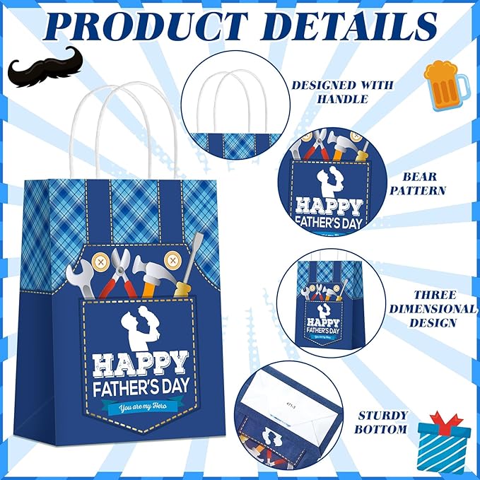 Sinload 48 Pcs Happy Father's Day Party Gift Bags Paper Bags with Handles Dad Treat Goodie Present Boxes Blue Black Party Supplies for Dads Men Anniversary Birthday Decor