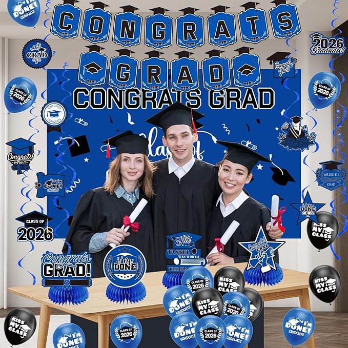 Graduation Decorations 2026 Blue Themed Set - Congrats Grad Banner, Class of 2026 Backdrop, Balloons & Streamers Kit - Complete Party Supplies for High School & College Celebrations