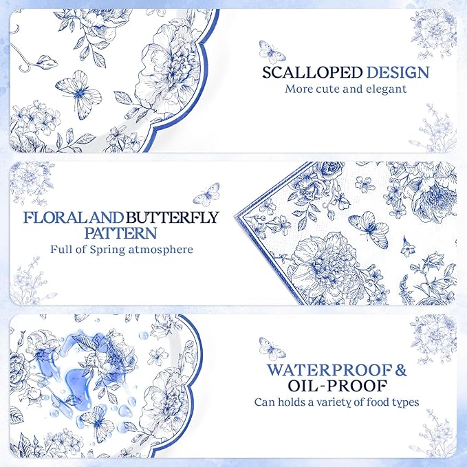 175 Pcs Blue Floral Plates and Napkins, 25 Guest Scalloped Chinoiserie Blue White Florals Party Supplies Includes Toile Plates, Napkins, Cups & Plastic Cutlery for Tea & Garden Party