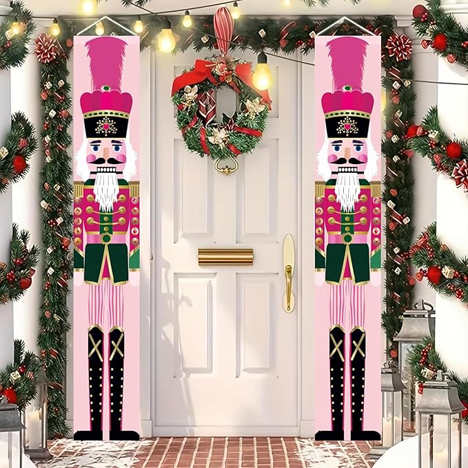 Christmas Nutcracker Door Banner 71x12 inch Pink Christmas Hanging Porch Banner Holiday Soldier Wall Decoration for Xmas Front Door Banners Outdoor Fireplace Entryway Party Home Decor