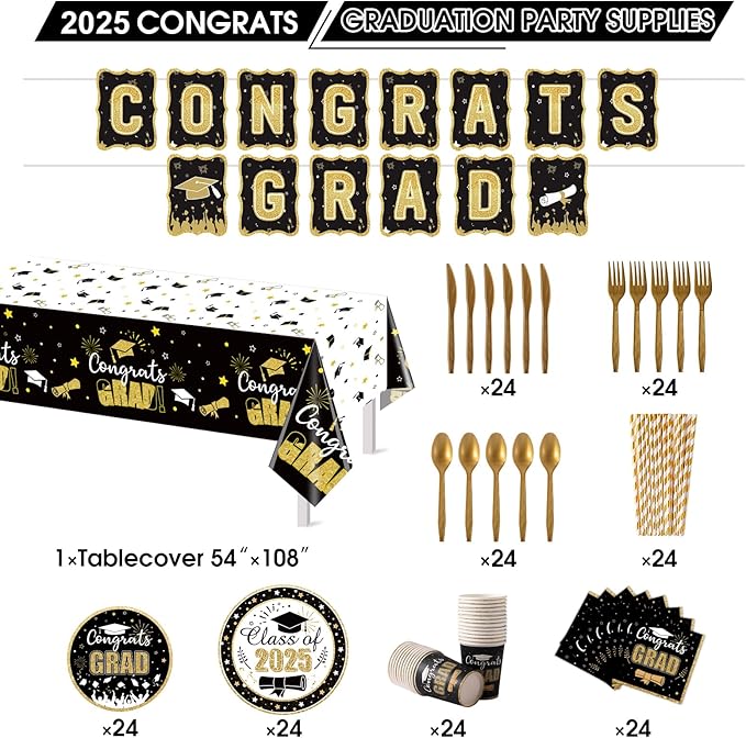 Graduation Party Supplies Congrats Grad Decorations Class of 2025, Disposable Plates and Napkins with Banner Tablecloth Cups Dinnerware Sets for Graduation Decor, Serves 24 (Black and Gold)