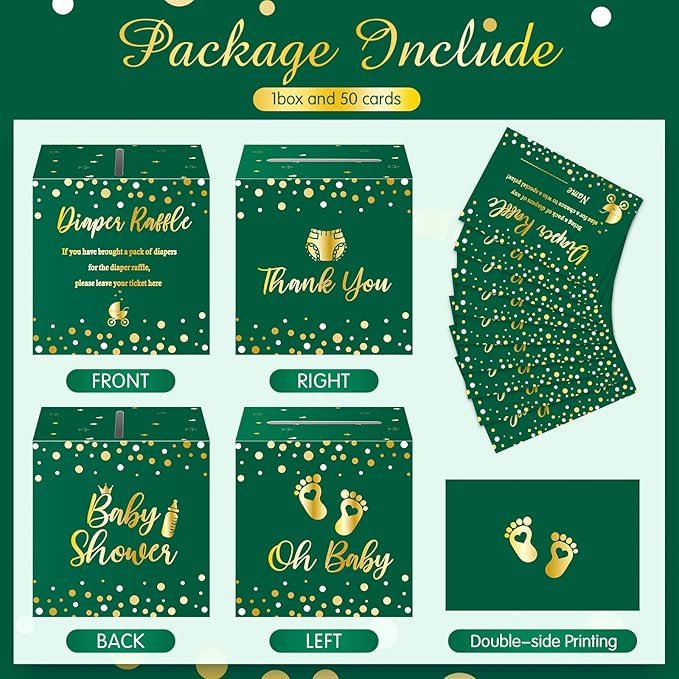 Funrous 51 Diaper Raffle Tickets with Box for Baby Shower Game Invitations Diaper Raffle Card for Gender Reveal Baby Shower Party Decoration Table Centerpiece(Green, Gold)
